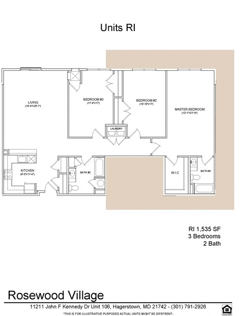 Floor plan for 3 beds, 2 baths, 1535 sqft